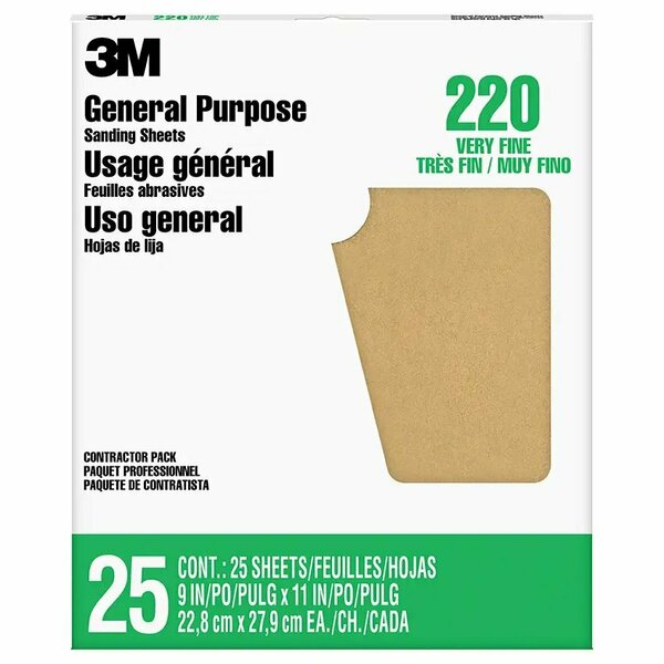 3M 9" x 11" Aluminum Oxide Sanding Sheet, 220-Grit, PK 25 99401